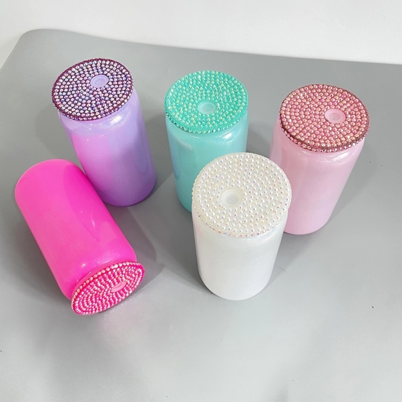 50 Pack USA Warehouse 16oz Holographic Shimmer Rainbow Color Blank Sublimation Glass Can With Bling Rhinestone Plastic Lid