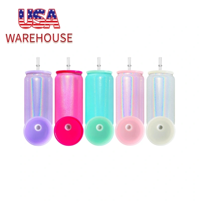 25 50 Pack USA Warehouse 16oz Sublimation Blanks Colorful Rainbow Shimmer Glitter Beer Glass Can