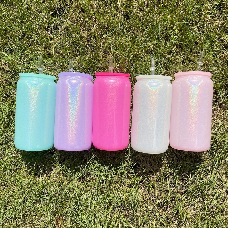 25 50 Pack USA Warehouse 16oz Sublimation Blanks Colorful Rainbow Shimmer Glitter Beer Glass Can