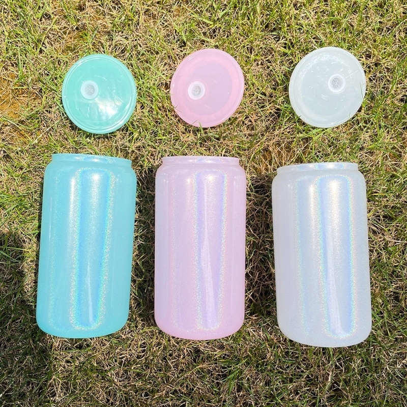 25 50 Pack USA Warehouse 16oz Sublimation Blanks Colorful Rainbow Shimmer Glitter Beer Glass Can