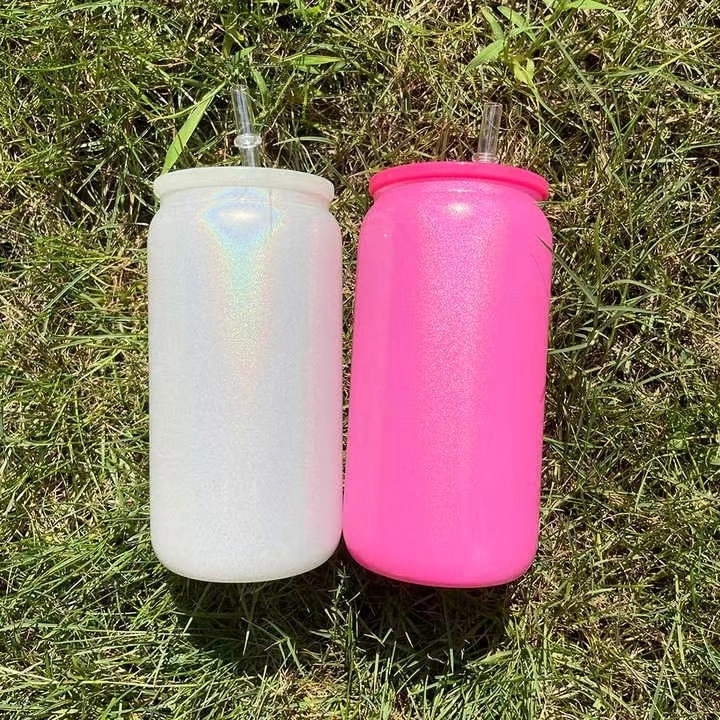 25 50 Pack USA Warehouse 16oz Sublimation Blanks Colorful Rainbow Shimmer Glitter Beer Glass Can