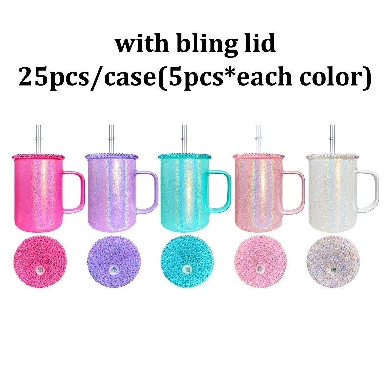 25 Pack USA Warehouse 17oz Shimmer Glass Mug With Colorful PP Lid for Sublimation