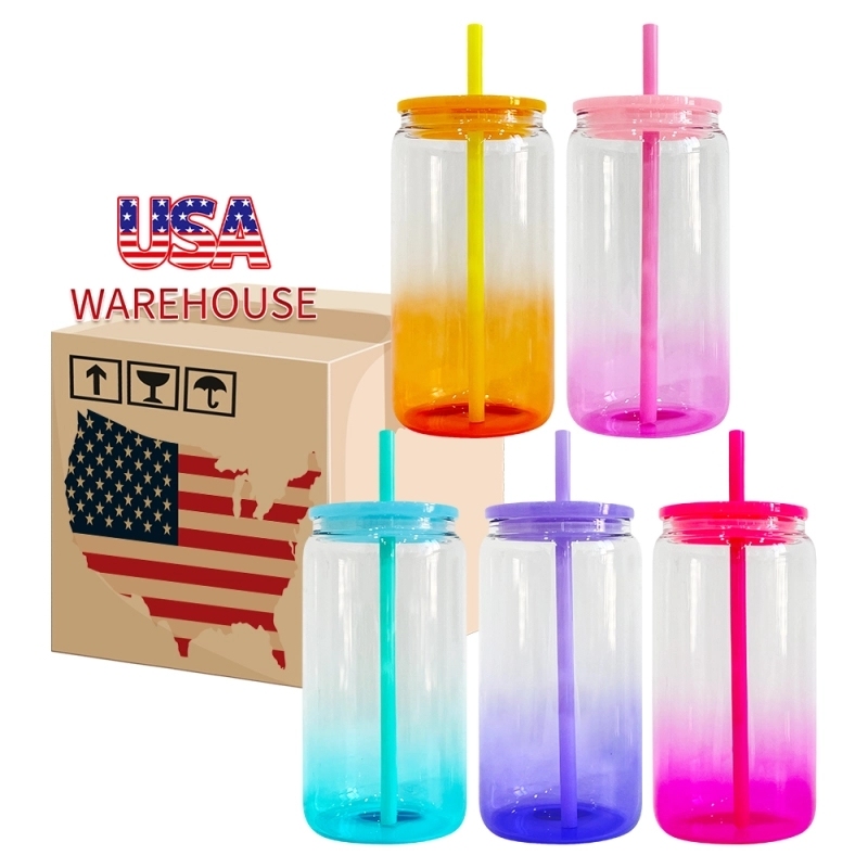 25 Pack 50 Pack USA Warehouse Sublimation 16oz Ombre Jelly Glass Can With Plastic Lids