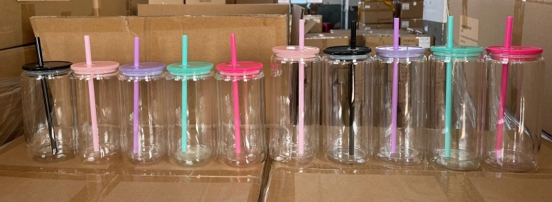 25 Pack USA Warehouse 12oz 15oz Sublimation Double Wall Pre-drilled with Plug Snow Globe Glass Can With Colorful Lids Straw
