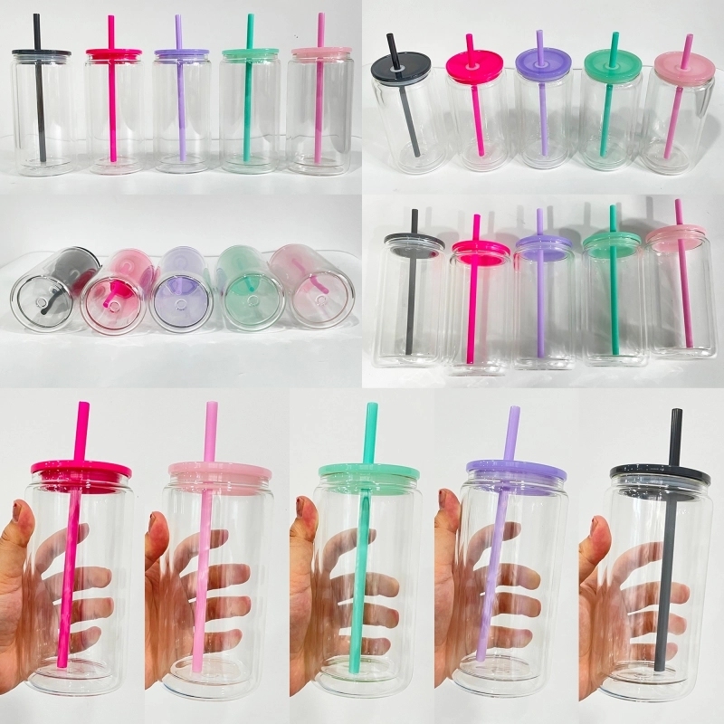 25 Pack USA Warehouse 12oz 15oz Sublimation Double Wall Pre-drilled with Plug Snow Globe Glass Can With Colorful Lids Straw