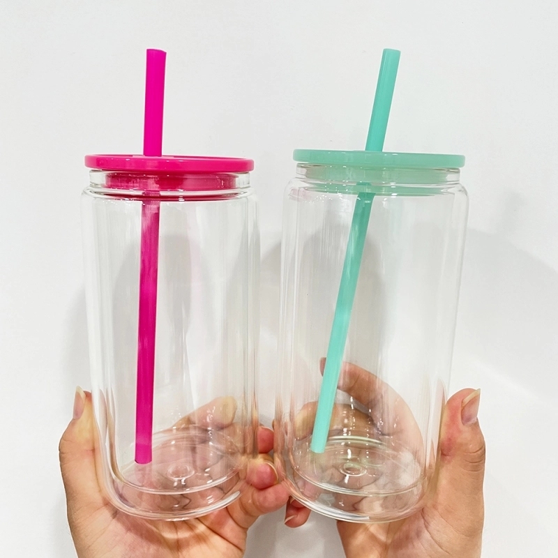25 Pack USA Warehouse 12oz 15oz Sublimation Double Wall Pre-drilled with Plug Snow Globe Glass Can With Colorful Lids Straw