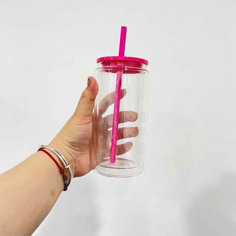 25 Pack USA Warehouse 12oz 15oz Sublimation Double Wall Pre-drilled with Plug Snow Globe Glass Can With Colorful Lids Straw