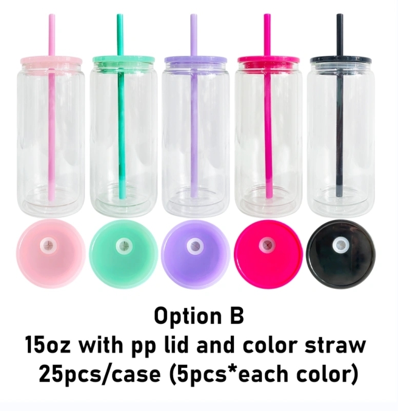 25 Pack USA Warehouse 12oz 15oz Sublimation Double Wall Pre-drilled with Plug Snow Globe Glass Can With Colorful Lids Straw