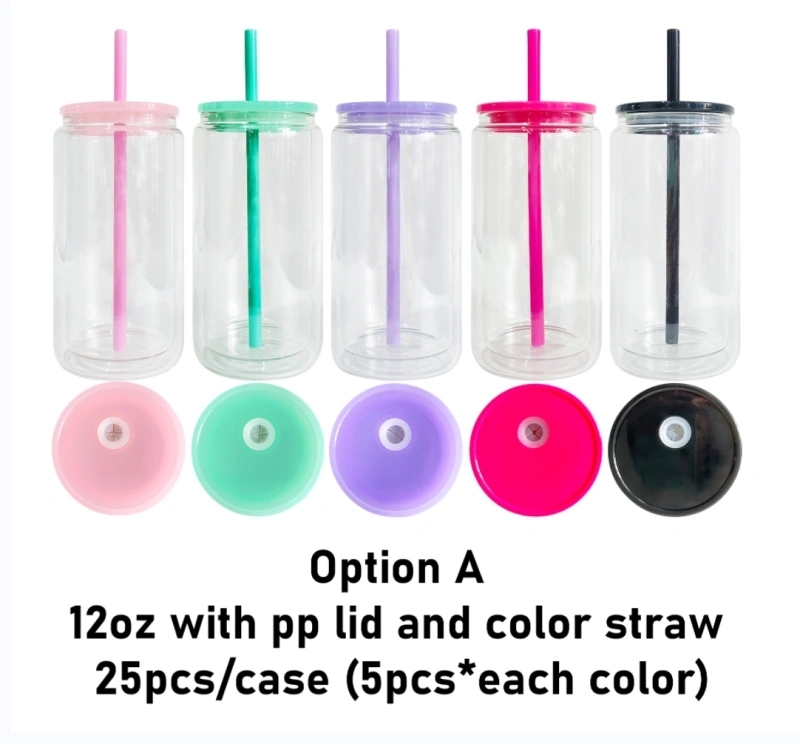 25 Pack USA Warehouse 12oz 15oz Sublimation Double Wall Pre-drilled with Plug Snow Globe Glass Can With Colorful Lids Straw
