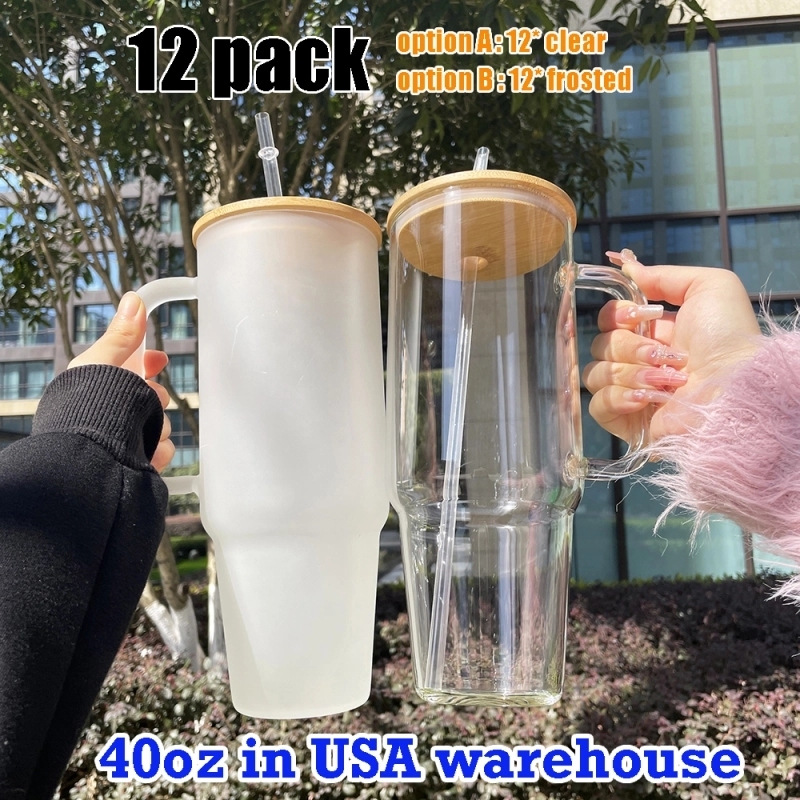 12 Pack USA Warehouse Big Capacity 40oz Clear Frosted Glass Mug With Handle for Sublimation and UV DTF Wraps