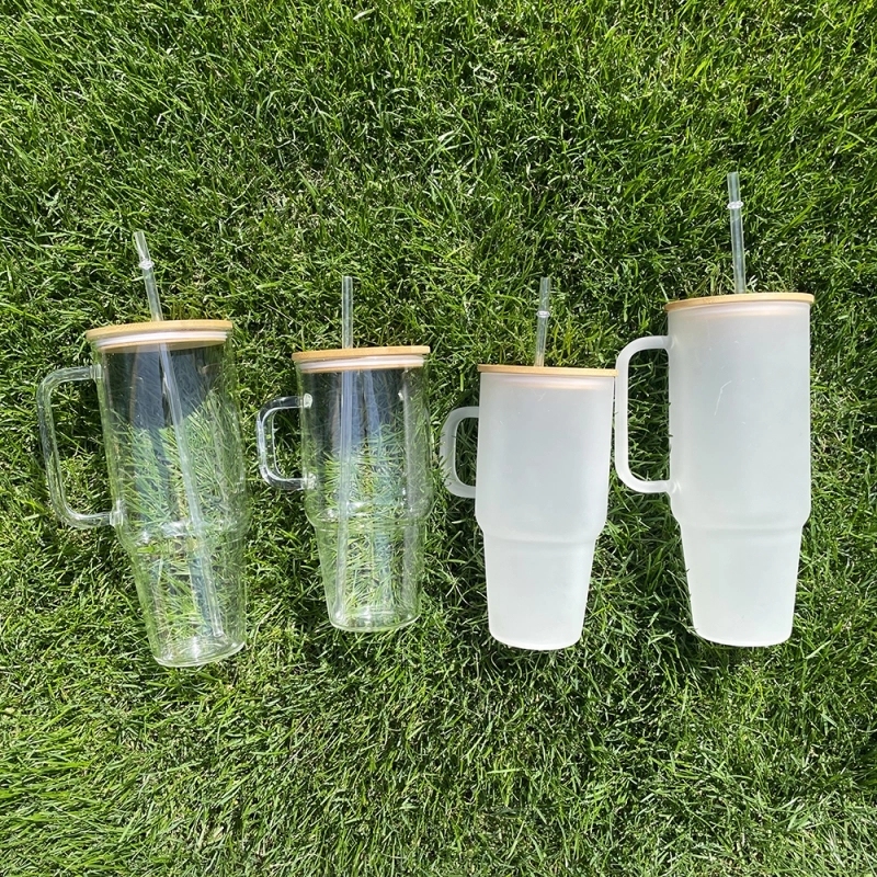 12 Pack USA Warehouse Big Capacity 40oz Clear Frosted Glass Mug With Handle for Sublimation and UV DTF Wraps