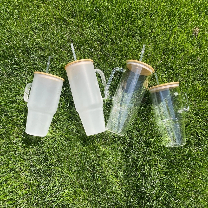 12 Pack USA Warehouse Big Capacity 40oz Clear Frosted Glass Mug With Handle for Sublimation and UV DTF Wraps