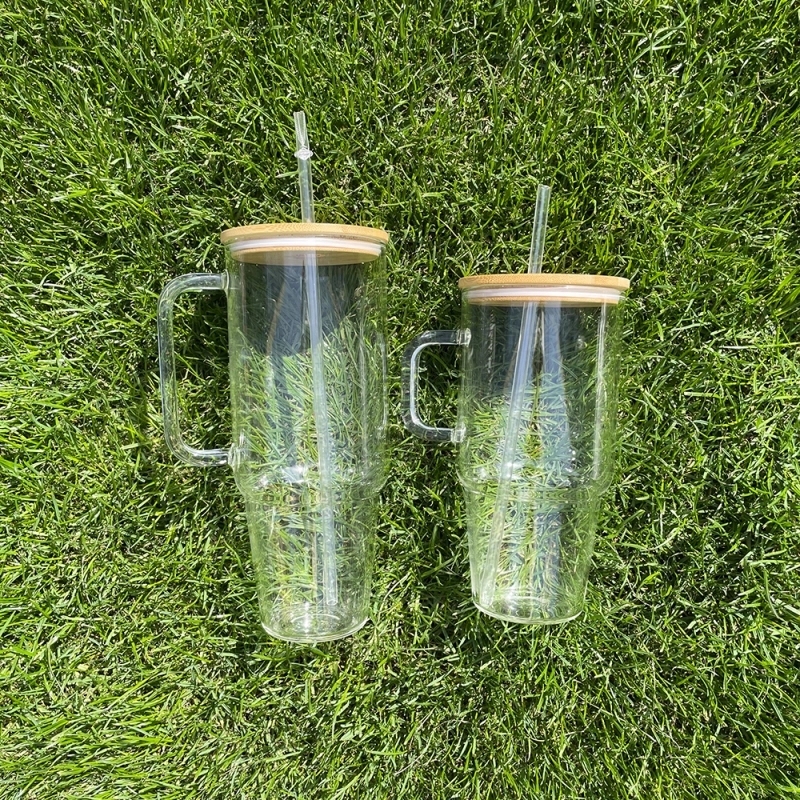 12 Pack USA Warehouse Big Capacity 40oz Clear Frosted Glass Mug With Handle for Sublimation and UV DTF Wraps