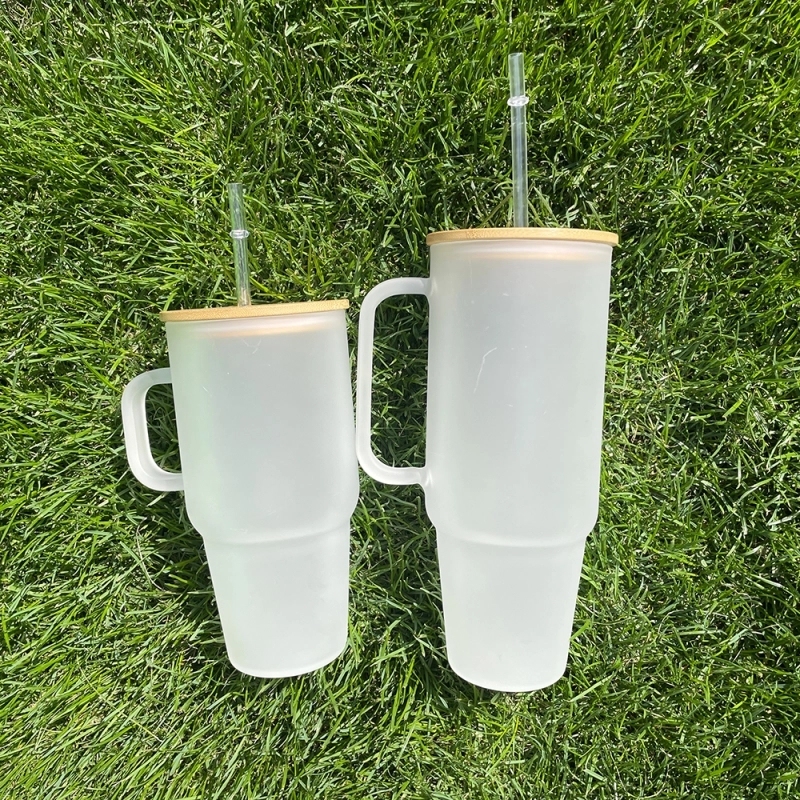 12 Pack USA Warehouse Big Capacity 40oz Clear Frosted Glass Mug With Handle for Sublimation and UV DTF Wraps