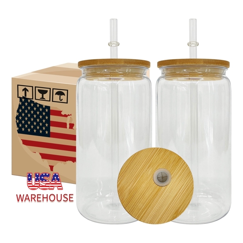 50 Pack USA Warehouse Clear Plastic Cup with Bamboo Lids Same Shape As 16oz Glass Can