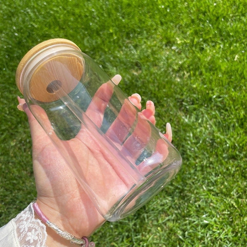 50 Pack USA Warehouse Clear Plastic Cup with Bamboo Lids Same Shape As 16oz Glass Can