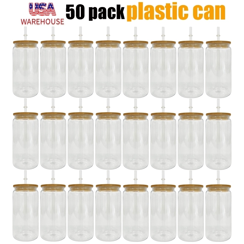 50 Pack USA Warehouse Clear Plastic Cup with Bamboo Lids Same Shape As 16oz Glass Can