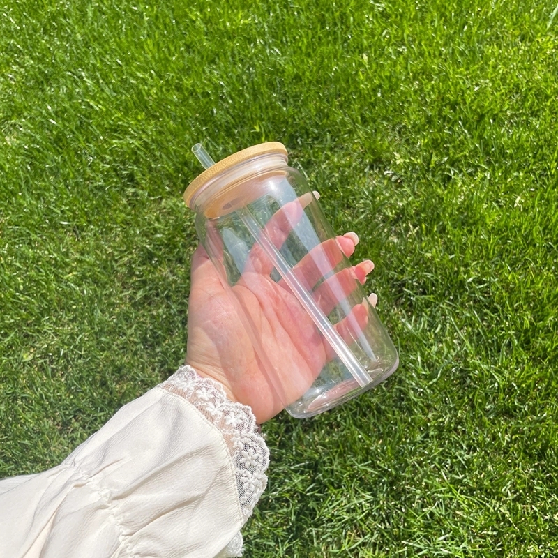 50 Pack USA Warehouse Clear Plastic Cup with Bamboo Lids Same Shape As 16oz Glass Can
