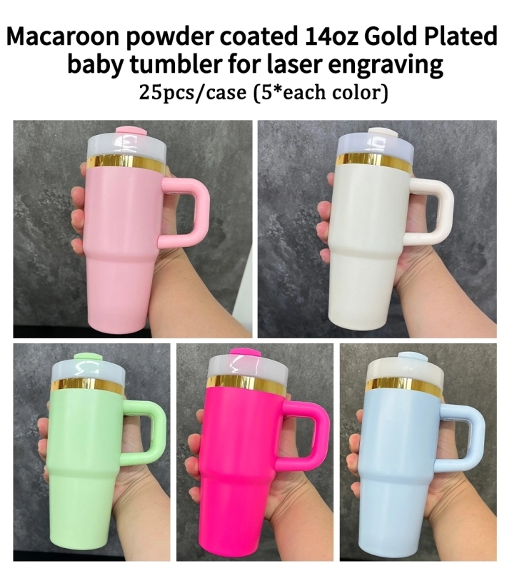 25Pack USA Warehouse 14oz Kids Baby Gold Plated Cute Macaron Color Tumblers 14 oz Stainless Steel Cup with Handle for Laser Engraving