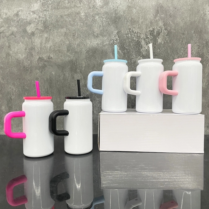 25 Pack USA Warehouse 16oz Blank Sublimation Cup Glossy White Color Stainless Steel Can with Handle for UV DTF Wraps