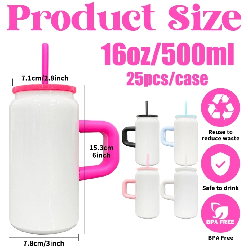 25 Pack USA Warehouse 16oz Blank Sublimation Cup Glossy White Color Stainless Steel Can with Handle for UV DTF Wraps