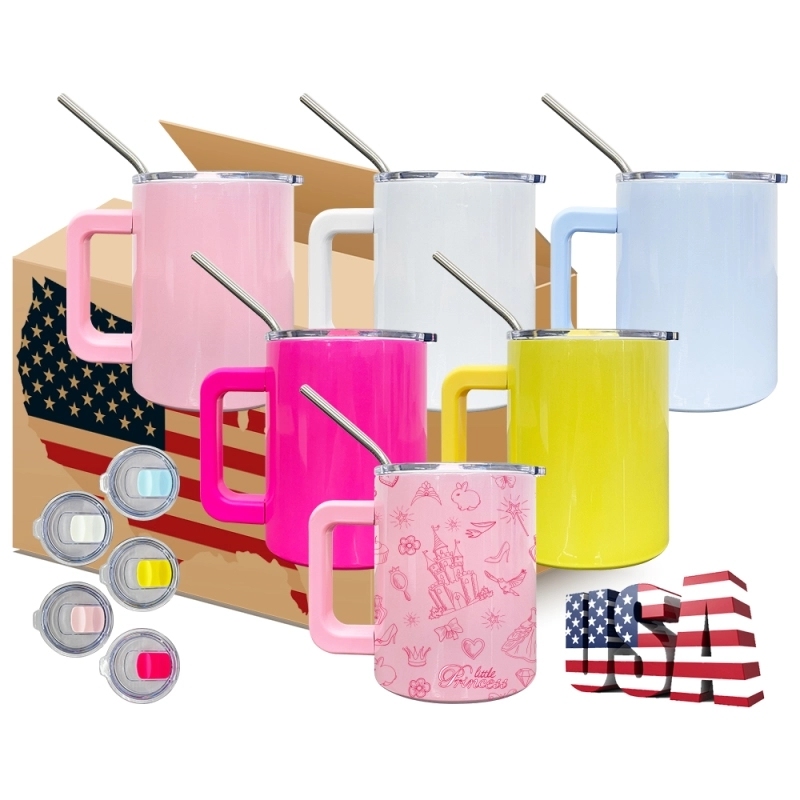 25 Pack USA Warehouse 10oz Blank Sublimation Macaron Color Lowball Metal Tumblers 10 oz Cup With Removable Plastic Handle Water Cups With Magnetic Lids and Stainless Steel Straw