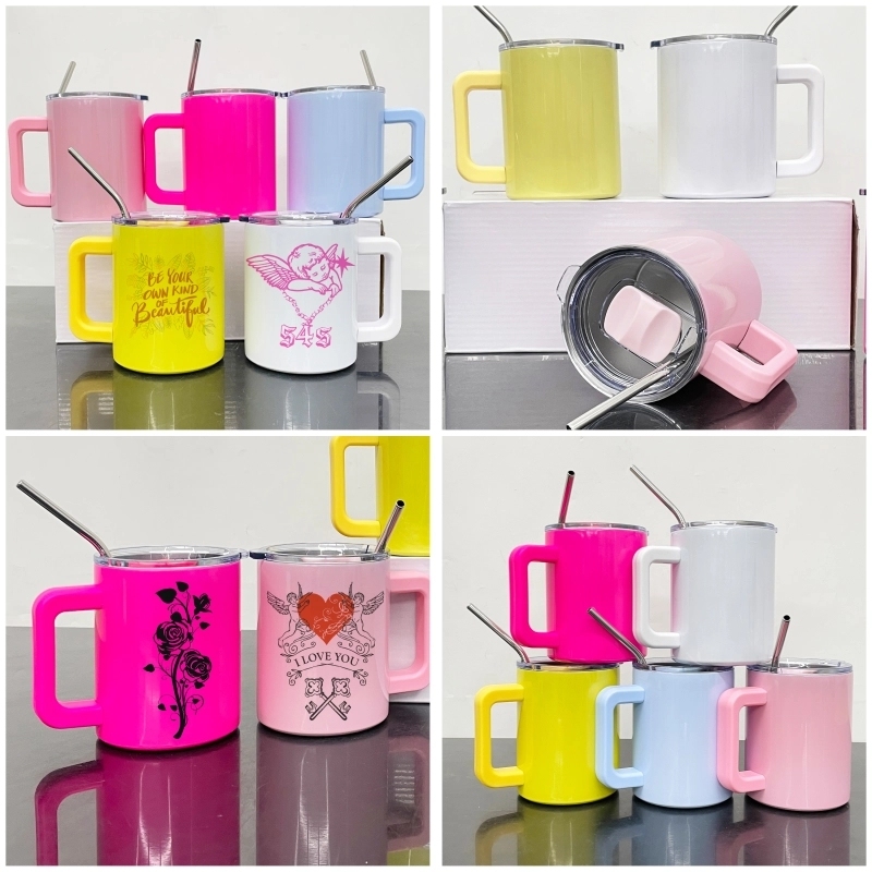 25 Pack USA Warehouse 10oz Blank Sublimation Macaron Color Lowball Metal Tumblers 10 oz Cup With Removable Plastic Handle Water Cups With Magnetic Lids and Stainless Steel Straw