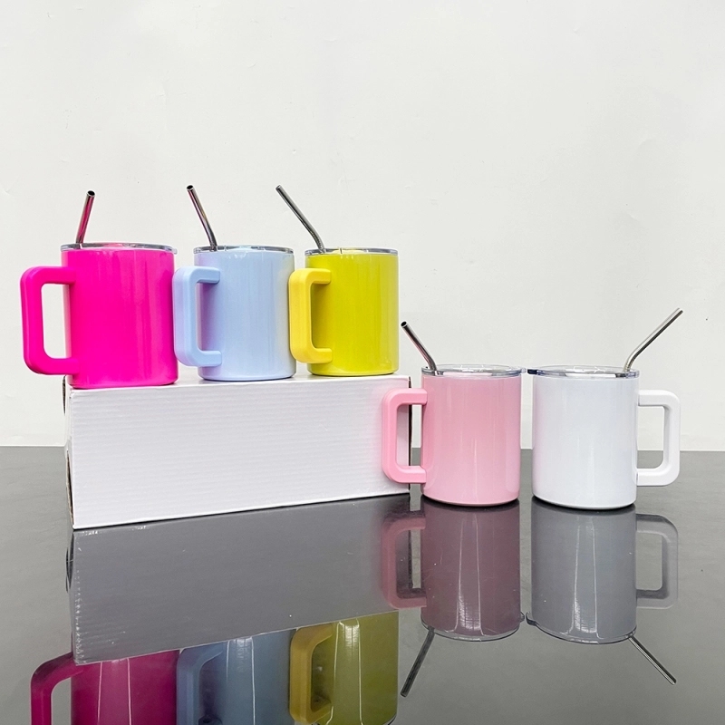 25 Pack USA Warehouse 10oz Blank Sublimation Macaron Color Lowball Metal Tumblers 10 oz Cup With Removable Plastic Handle Water Cups With Magnetic Lids and Stainless Steel Straw
