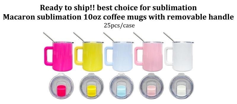 25 Pack USA Warehouse 10oz Blank Sublimation Macaron Color Lowball Metal Tumblers 10 oz Cup With Removable Plastic Handle Water Cups With Magnetic Lids and Stainless Steel Straw