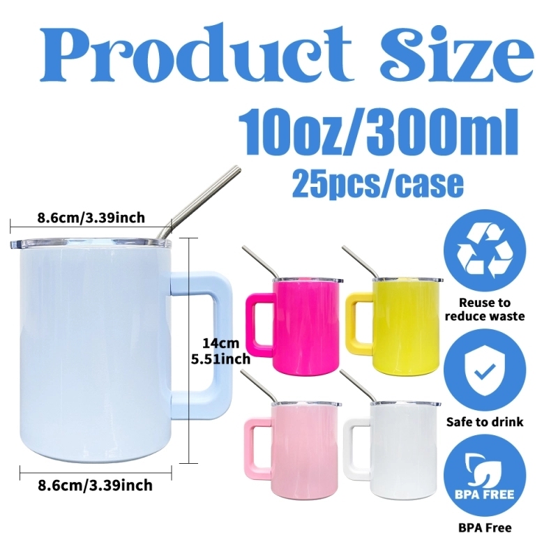 25 Pack USA Warehouse 10oz Blank Sublimation Macaron Color Lowball Metal Tumblers 10 oz Cup With Removable Plastic Handle Water Cups With Magnetic Lids and Stainless Steel Straw