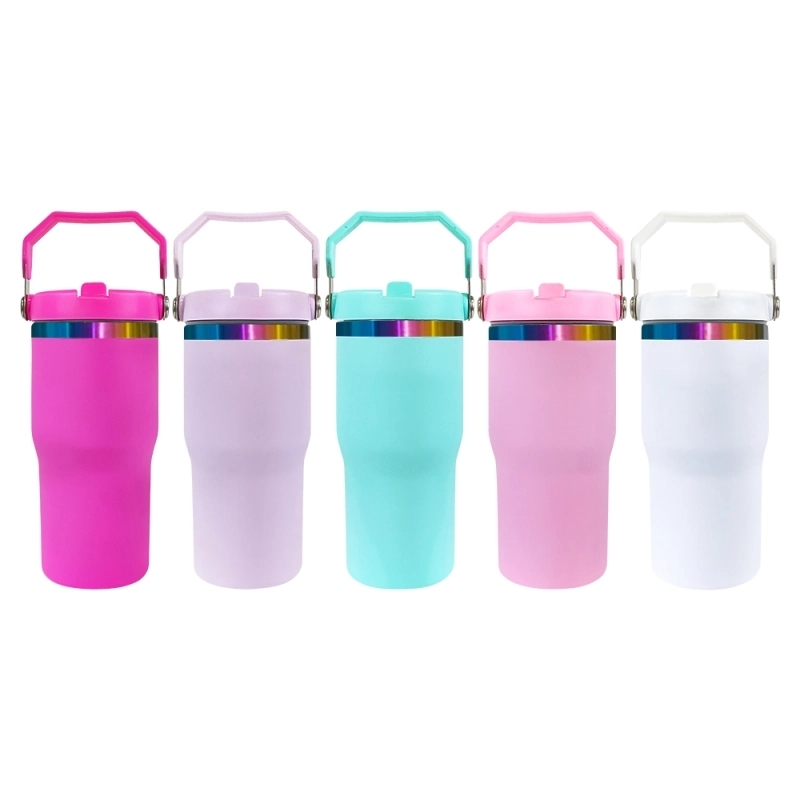 USA Warehouse Kids 20oz Rainbow Underneath Flip Straw Tumblers 20 oz Car Cup Suitable for Laser Engraving Children Macaron Color Mug 20oz Water Bottles With Portable Handle