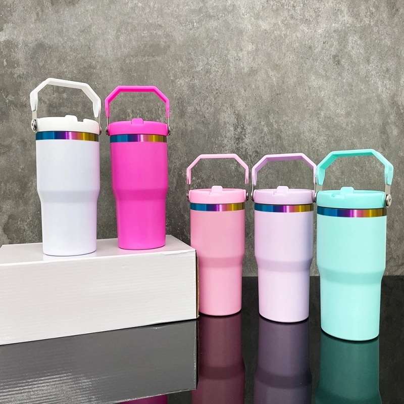 USA Warehouse Kids 20oz Rainbow Underneath Flip Straw Tumblers 20 oz Car Cup Suitable for Laser Engraving Children Macaron Color Mug 20oz Water Bottles With Portable Handle