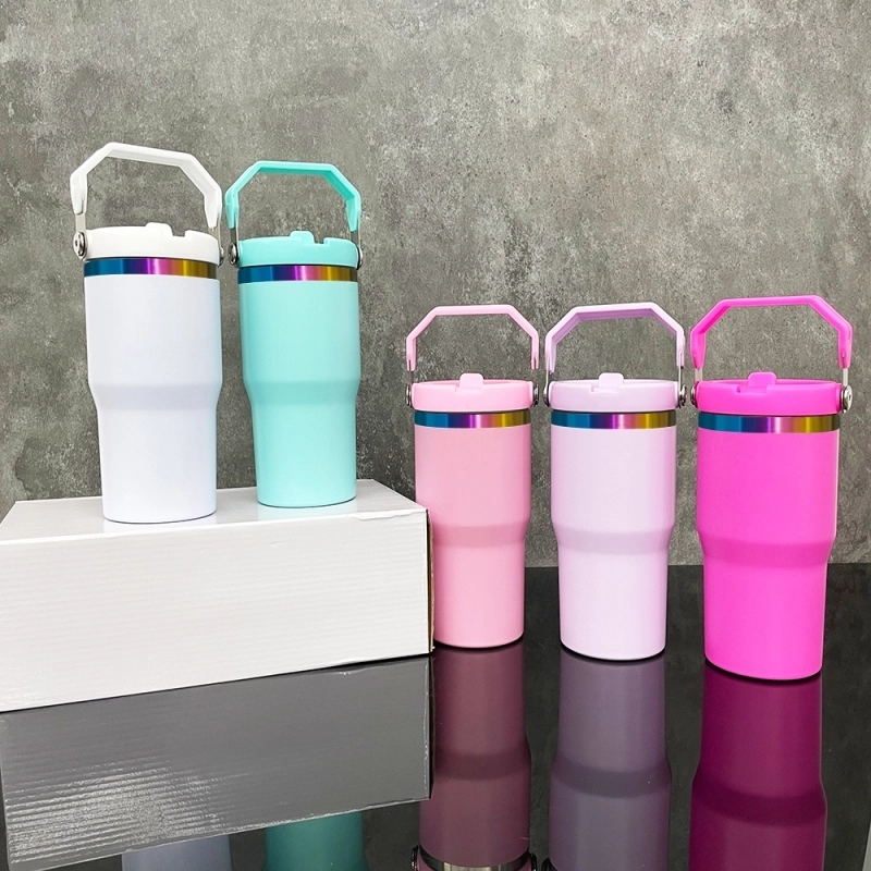 USA Warehouse Kids 20oz Rainbow Underneath Flip Straw Tumblers 20 oz Car Cup Suitable for Laser Engraving Children Macaron Color Mug 20oz Water Bottles With Portable Handle