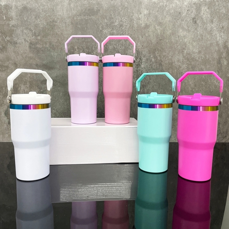 USA Warehouse Kids 20oz Rainbow Underneath Flip Straw Tumblers 20 oz Car Cup Suitable for Laser Engraving Children Macaron Color Mug 20oz Water Bottles With Portable Handle