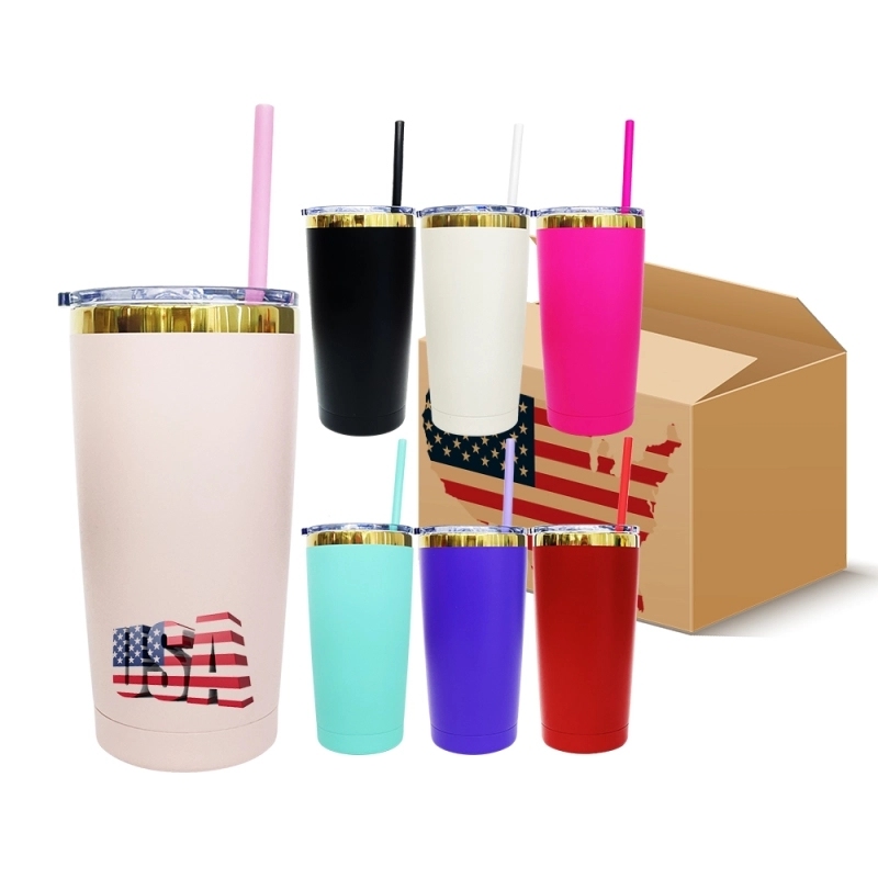 25 Pack USA Warehouse Yeti Powder Coated 20oz Mirror Gold Plated Tumblers 20 oz Stainless Steel Cup With Colorful Straws for Laser Engraving