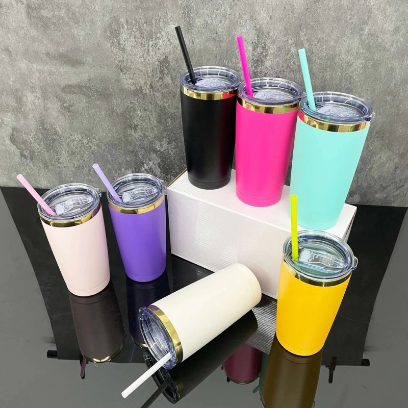 25 Pack USA Warehouse Yeti Powder Coated 20oz Mirror Gold Plated Tumblers 20 oz Stainless Steel Cup With Colorful Straws for Laser Engraving