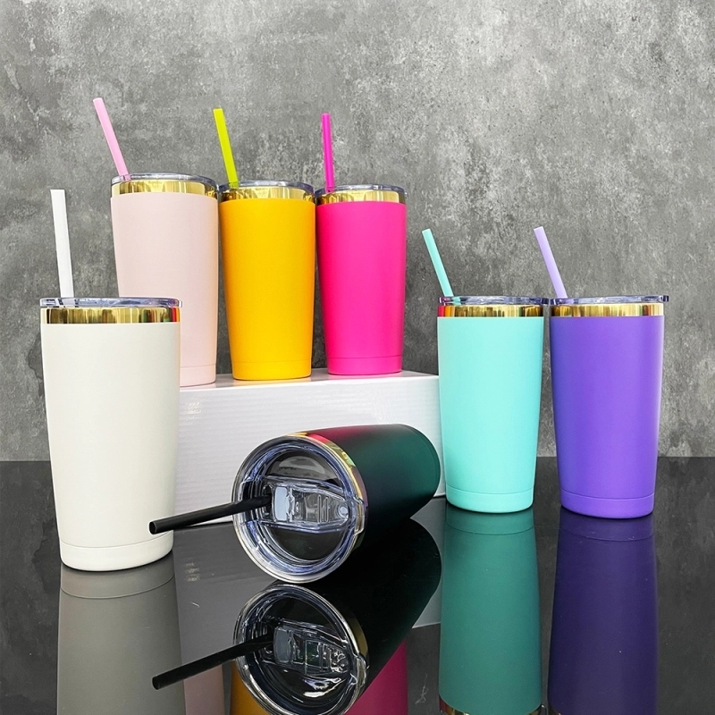 25 Pack USA Warehouse Yeti Powder Coated 20oz Mirror Gold Plated Tumblers 20 oz Stainless Steel Cup With Colorful Straws for Laser Engraving