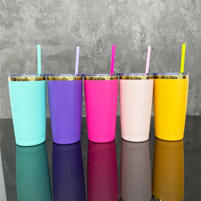 25 Pack USA Warehouse Yeti Powder Coated 20oz Mirror Gold Plated Tumblers 20 oz Stainless Steel Cup With Colorful Straws for Laser Engraving