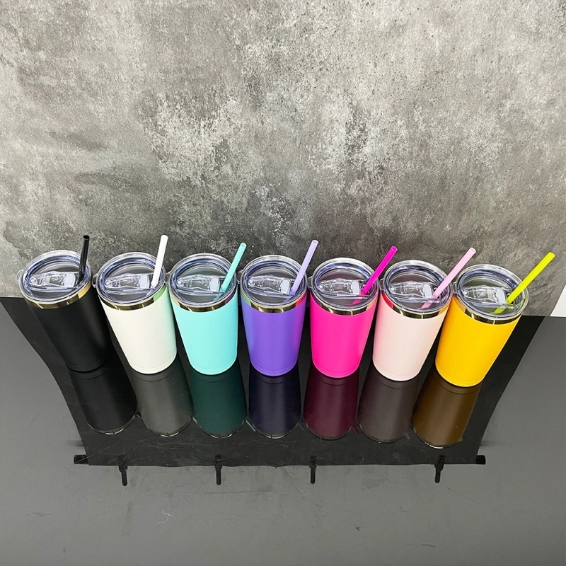 25 Pack USA Warehouse Yeti Powder Coated 20oz Mirror Gold Plated Tumblers 20 oz Stainless Steel Cup With Colorful Straws for Laser Engraving