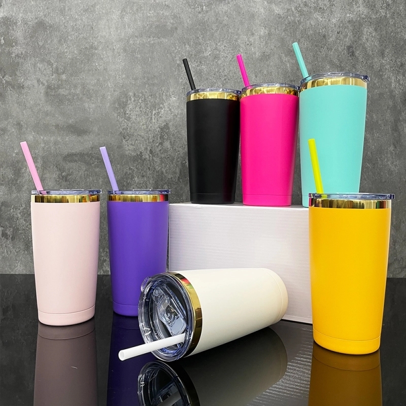 25 Pack USA Warehouse Yeti Powder Coated 20oz Mirror Gold Plated Tumblers 20 oz Stainless Steel Cup With Colorful Straws for Laser Engraving