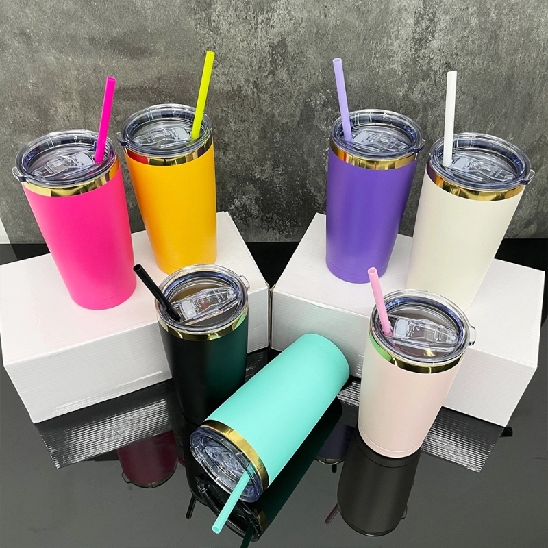 25 Pack USA Warehouse Yeti Powder Coated 20oz Mirror Gold Plated Tumblers 20 oz Stainless Steel Cup With Colorful Straws for Laser Engraving