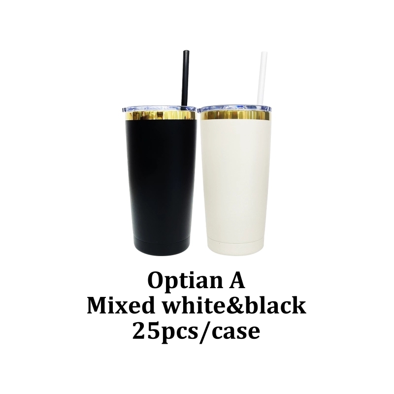 25 Pack USA Warehouse Yeti Powder Coated 20oz Mirror Gold Plated Tumblers 20 oz Stainless Steel Cup With Colorful Straws for Laser Engraving