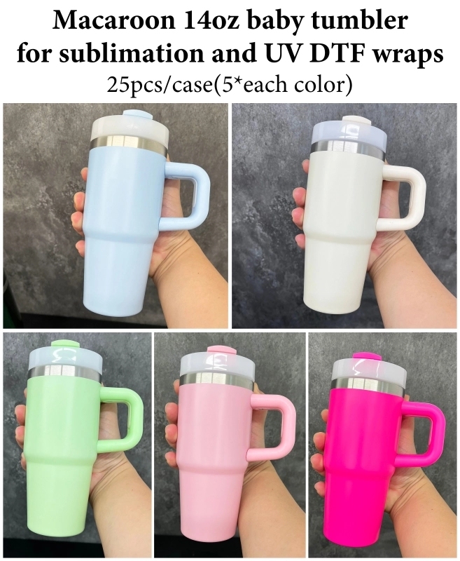 25 Pack USA Warehouse 14oz Kids Baby Macaron Color Tumblers Cup Kids Stainless Steel Mug with Handle for Sublimation and UV DTF Wraps
