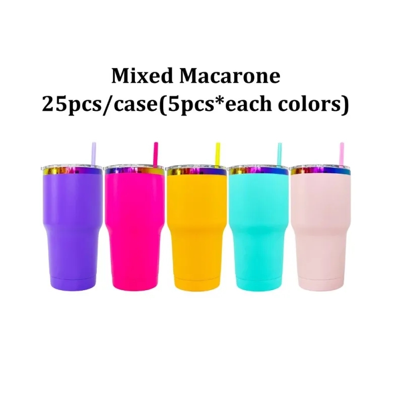 25 Pack USA Warehouse Yeti Power Coated 30oz Rainbow Plated Tumblers 30 oz Cup With Colorful Straws for Laser Engraving