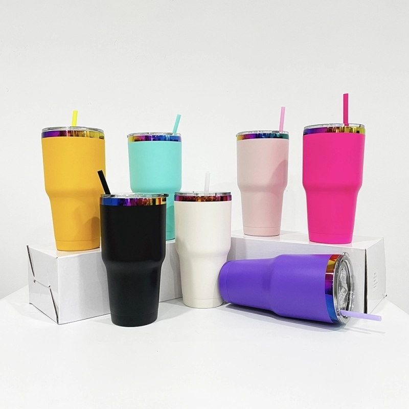 25 Pack USA Warehouse Yeti Power Coated 30oz Rainbow Plated Tumblers 30 oz Cup With Colorful Straws for Laser Engraving