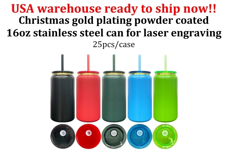 25 Pack USA Warehouse Christmas 16oz Gold Plated Vacuum Insulated Stainless Steel Can 16 oz Stainless Steel Water Bottle Cup for Laser Engraving