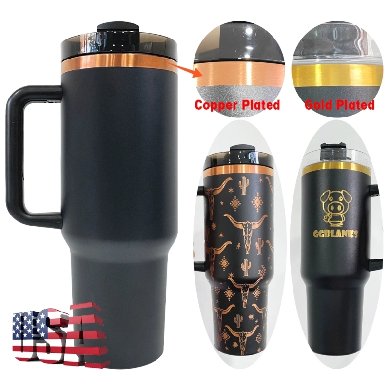 25 Pack USA Warehouse Black 40oz Copper Plating Quencher Tumblers 40 oz Stainless Steel Cup with Handle For Laser Engraving