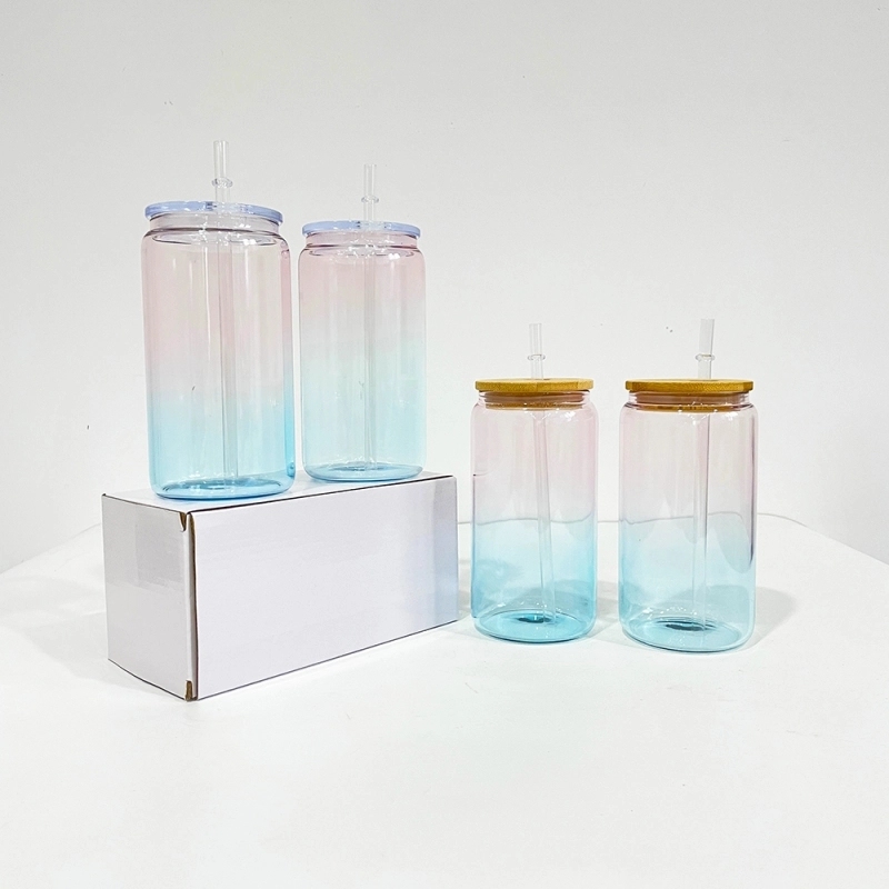 50 Pack USA Warehouse 16oz Crystal Ocean Glass Can 16 oz Glass Jar Glass Water Bottle Cup With PP and Bamboo Lid