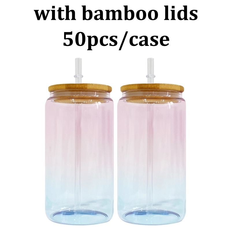 50 Pack USA Warehouse 16oz Crystal Ocean Glass Can 16 oz Glass Jar Glass Water Bottle Cup With PP and Bamboo Lid