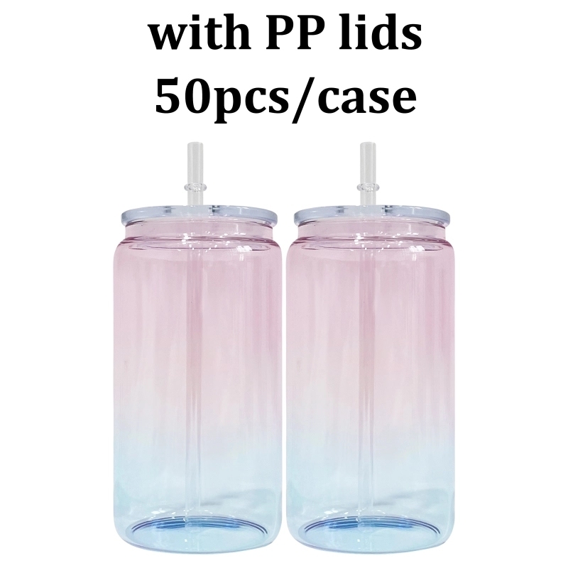 50 Pack USA Warehouse 16oz Crystal Ocean Glass Can 16 oz Glass Jar Glass Water Bottle Cup With PP and Bamboo Lid